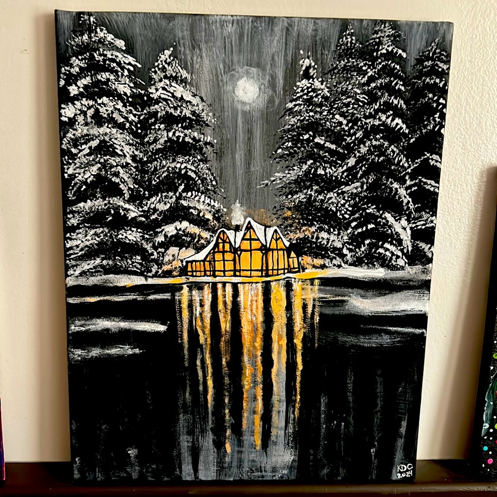 Hand Made Acrylic Painting 11”x14” Snowy Cabin by the lake